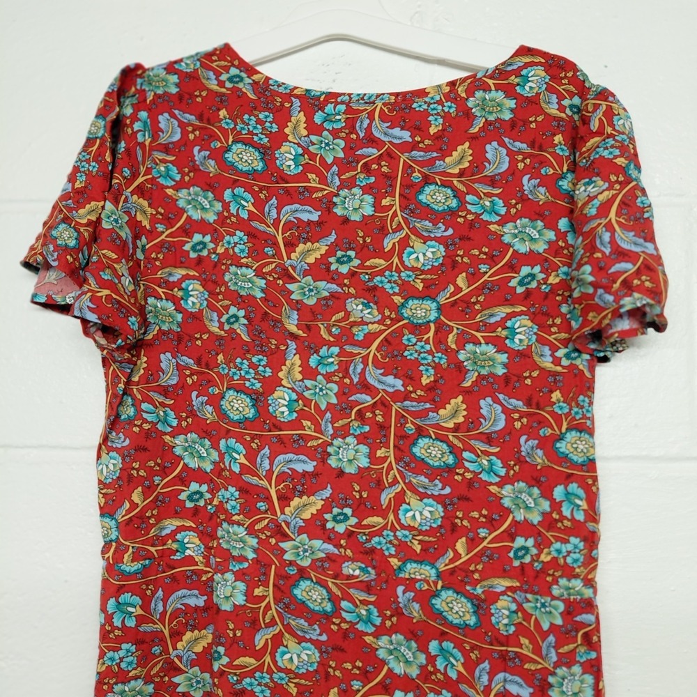 Temofon Womens Red Floral V-neckline Dress Size Medium Light Resort Holiday Chic - Picture 9 of 16